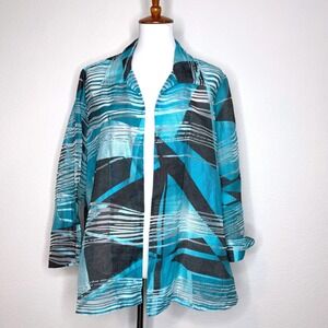 CHICOS Sheer‎ Open Front Jacket XL 3 Turquoise Abstract Art To Wear Lagenlook